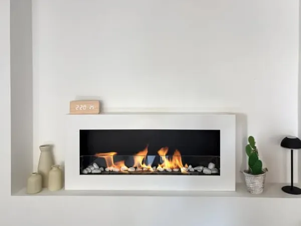 Brændeovne^Hængende ethanolkomfur Biokomfur Hængende Bioethanolbrænder Bioethanolbrænder BOX 90 cm x 40 cm x 12 cm mat hvid med glas økologisk komfur