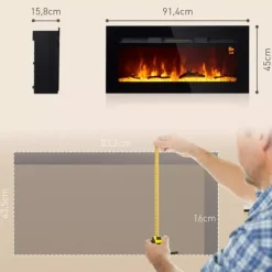 Hot HOMCOM Elektrisk vægpejs 1800W med LED flammeeffekt, 3 flamme farver, 5 lysstyrker, sort, hærdet glas Pejse