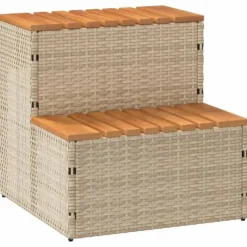 Pool- & Spatilbehør^Hot Tub Trin i Polyrattan og Akacietræ - Sikker Ind- og Udstigning | Farve: Beige | Størrelse: 50x50x50,5 cm
