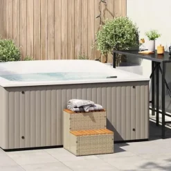 Pool- & Spatilbehør^Hot Tub Trin i Polyrattan og Akacietræ - Sikker Ind- og Udstigning | Farve: Beige | Størrelse: 50x50x50,5 cm