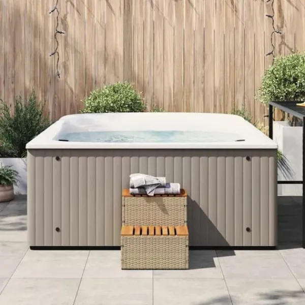 Pool- & Spatilbehør^Hot Tub Trin i Polyrattan og Akacietræ - Sikker Ind- og Udstigning | Farve: Beige | Størrelse: 50x50x50,5 cm