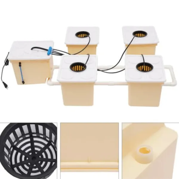 New Hydroponisk dyrkningsanlæg - 4-spands drypvandingskit indendørs - Hver spand 11 L - Pumpe 220–240 V/50 Hz - 4 W - 300 L/t - PP-plast Kit Til Plante- & Urtedyrkning