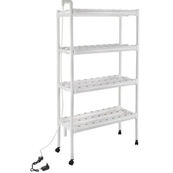 Plantestativer^Hydroponisk dyrkningssæt - Plantehylde - 108 Plantepladser - Pumpe & Hjul - Hul Ø32 mm - 89×36×144 cm - EU/US-stik - Hvid