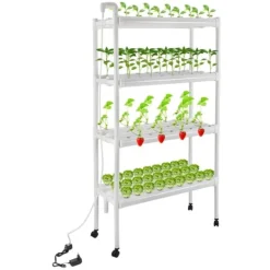 Plantestativer^Hydroponisk dyrkningssæt - Plantehylde - 108 Plantepladser - Pumpe & Hjul - Hul Ø32 mm - 89×36×144 cm - EU/US-stik - Hvid