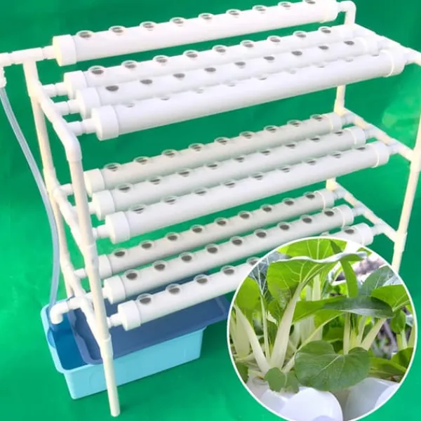 Kit Til Plante- & Urtedyrkning^Hydroponisk dyrkningssæt - 3-lags system - 108 plantehuller - PVC-U - Rør Ø 6,3 cm - Hul Ø 3,2 cm - Slange 1,2 m - Hvid