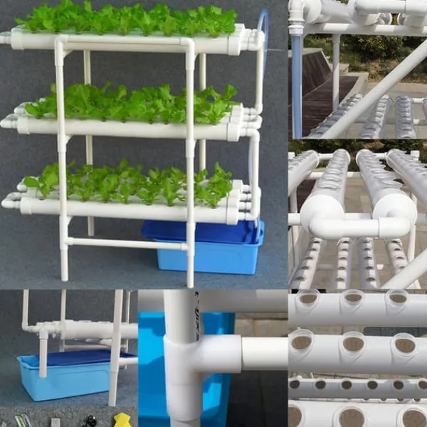 Kit Til Plante- & Urtedyrkning^Hydroponisk dyrkningssæt - Rørsystem til planter - 90 plantehuller - 3 lag - PVC-U - Rør Ø 6,3 cm - Hul Ø 3,2 cm - Lysegrå