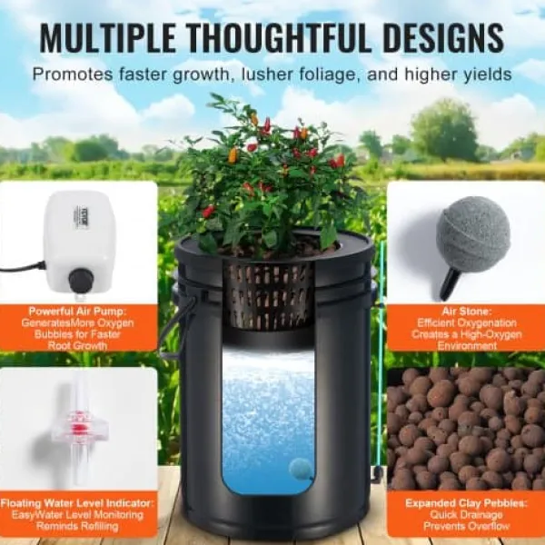 Sale Hydroponisk dyrkningssystem, 5-gallon deep water culture, 30x30x38 cm, sort, PP-materiale Kit Til Plante- & Urtedyrkning