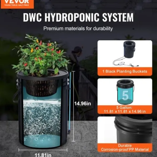 Sale Hydroponisk dyrkningssystem, 5-gallon deep water culture, 30x30x38 cm, sort, PP-materiale Kit Til Plante- & Urtedyrkning