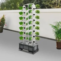 Plantestativer^Hydroponisk dyrkningstårn - Vertikalt havesæt - 56 huller - 220 V EU-stik - Inde/Ude - 4 hjul - PP-materiale - Hvid