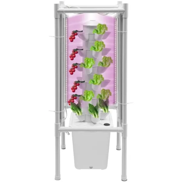 Kit Til Plante- & Urtedyrkning^Hydroponisk tårnhave - Indendørs dyrkningssystem - 6 niveauer - 30 plantehuller - 4 LED vækstlys - Selvvandende - Smart - Hvid