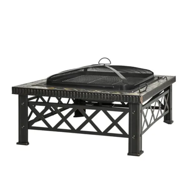 Pejse^3-i-1 Bålfad, Grill og Iskøler, Gnistbeskyttelse, 76x76x47cm, Sort til Havegrill