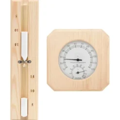Hot 2-i-1 saunasæt med hygrometer og timeglas - Massivt fyrretræ | Farve: Naturlig | Størrelse: 15 min Sauna