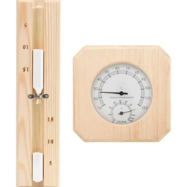 Hot 2-i-1 saunasæt med hygrometer og timeglas - Massivt fyrretræ | Farve: Naturlig | Størrelse: 15 min Sauna