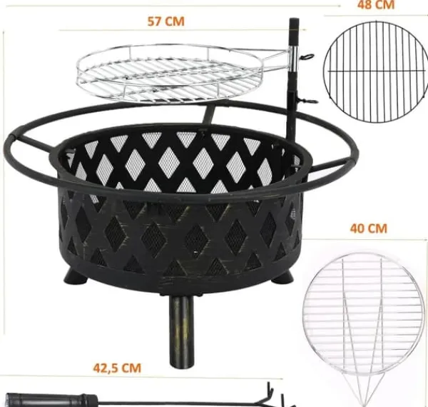 Pejse^Ildskål - Have bålsted med grill - Støbejern - Kulgrill - Højdejusterbart grillrist - Gnistfang - Let at rengøre