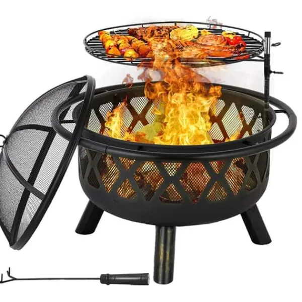 Pejse^Ildskål - Have bålsted med grill - Støbejern - Kulgrill - Højdejusterbart grillrist - Gnistfang - Let at rengøre