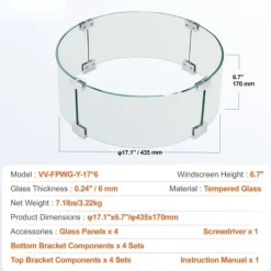 Tilbehør Til Brændeovne & Pejse^Ilægger til bålfad, 435 x 170 mm rundt glasflammeskjold, 6 mm hærdet glas til propan og gas. Perfekt til udendørs gårdhaver.