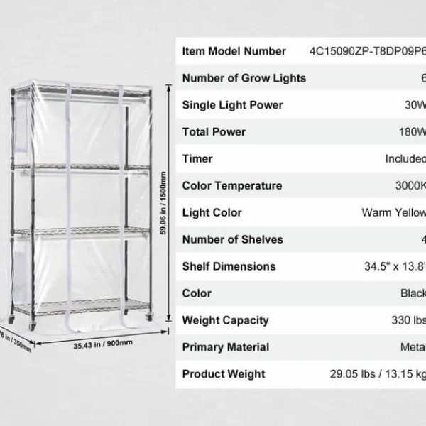 Drivhus^Indendørs drivhus med Grow Light 4 etager, 180W, 59,1, planteregale, optimal belysning, hurtig vækst.