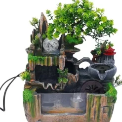 Springvand & Damme^Indendørs fontæne - Bordfontæne med akvarium - LED-belysning - Tågegenerator - Vandfald - 30 x 18 x 33 cm - Harpiks - 220 V - Brun