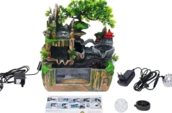 Springvand & Damme^Indendørs fontæne - Bordfontæne med akvarium - LED-belysning - Tågegenerator - Vandfald - 30 x 18 x 33 cm - Harpiks - 220 V - Brun