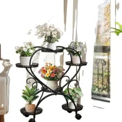Plantestativer^Indendørs Udendørs Planteholder, Hjerteformet Design, 6 Potte Kapacitet, Metal Konstruktion,sort