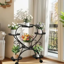 Plantestativer^Indendørs Udendørs Planteholder, Hjerteformet Design, 6 Potte Kapacitet, Metal Konstruktion,sort