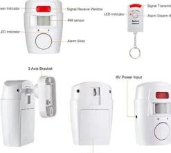 Bevægelsesdetektorer^Infrarød bevægelsessensor Alarm - Tyverialarm med 2 fjernbetjeninger, 105° scanningsområde og 105dB, velegnet til hjem / garage / butikker