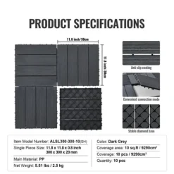 Havedekorationer^Interlocking Deck Fliser 10-Pak, 30x30 cm, Mørkegrå Plast til Terrasse, Holdbar og Vejrbestandig.