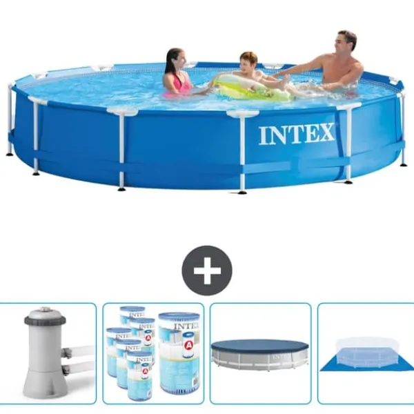 Pooler^Intex Round Frame Swimming Pool - 366 x 76 cm - Blå - Inklusive Tilbehør CB88