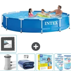 Sale Intex Round Frame Swimming Pool - 366 x 76 cm - Blå - Inklusive Tilbehør CB24 Pooler