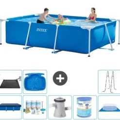 Pooler^Intex svømmebassin med rektangulær ramme - 300 x 200 x 75 cm - Blå - Inkluderet tilbehør A201
