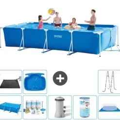 Pooler^Intex svømmebassin med rektangulær ramme - 450 x 220 x 84 cm - Blå - Inkluderet tilbehør A316