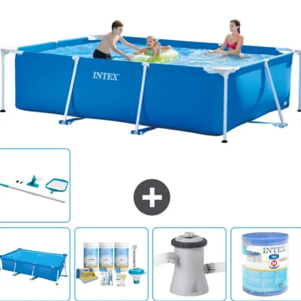 Clearance Intex svømmebassin med rektangulær ramme - 300 x 200 x 75 cm - Blå - Inkluderet tilbehør A154 Pooler