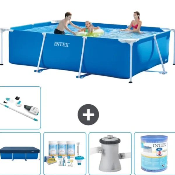 Sale Intex svømmebassin med rektangulær ramme - 300 x 200 x 75 cm - Blå - Inkluderet tilbehør A160 Pooler