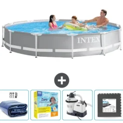 Sale Intex svømmebassin med rund prismeramme - 366 x 76 cm - Grå - Inkluderet tilbehør CB68 Pooler