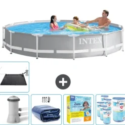 Pooler^Intex svømmebassin med rund prismeramme - 366 x 76 cm - Grå - Inklusive Tilbehør CB25