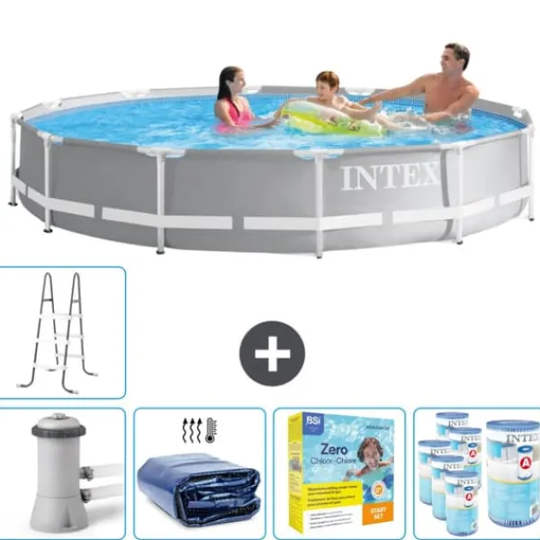 Pooler^Intex svømmebassin med rund prismeramme - 366 x 76 cm - Grå - Inklusive Tilbehør CB27