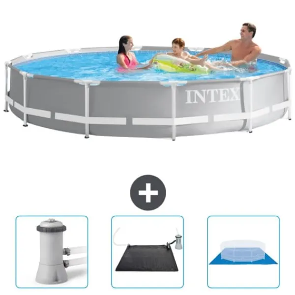 Sale Intex svømmebassin med rund prismeramme - 366 x 76 cm - Grå - Inkluderet tilbehør CB79 Pooler