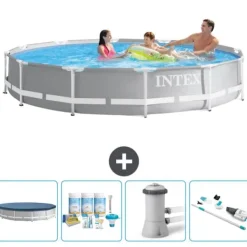New Intex svømmebassin med rund prismeramme - 366 x 76 cm - Grå - Inkluderet tilbehør CB5 Pooler