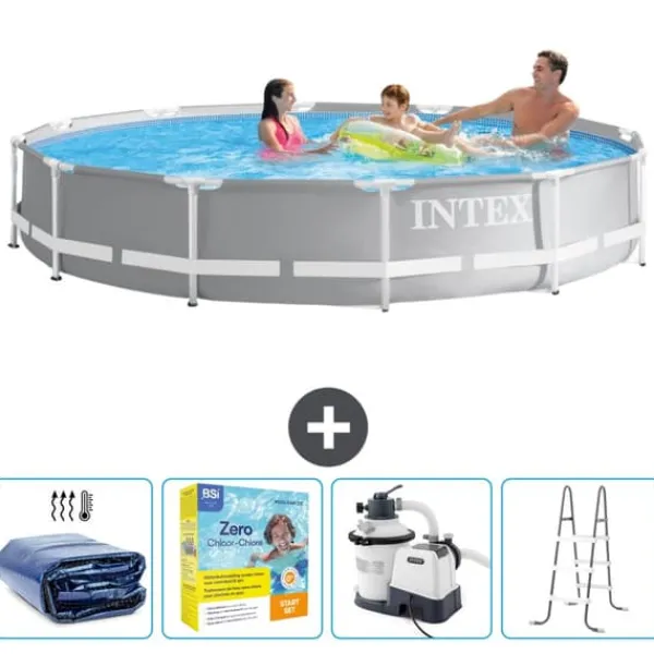 Discount Intex svømmebassin med rund prismeramme - 366 x 76 cm - Grå - Inkluderet tilbehør CB71 Pooler