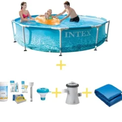 Pooler^Intex swimmingpool - Metalramme - Strandside - 305 x 76 cm - Inklusiv WAYS vedligeholdelsespakke, filterpumpe og jordklud