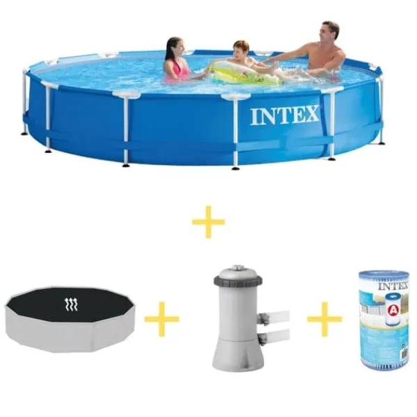 Pooler^Intex swimmingpool - metalramme - 366 x 76 cm - Inklusiv solsejl, filterpumpe og filter