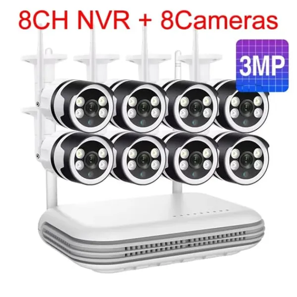 Sikkerhedsmonitorer & Videokameraer^IP Kamera System, 5MP Opløsning, To-Vejs Lyd,8CH og 8stk 3MP Kamera, EU Stik, Ingen