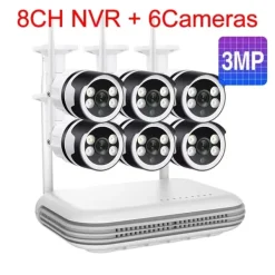Sikkerhedsmonitorer & Videokameraer^IP Kamera System, 5MP Opløsning, To-Vejs Lyd,8CH og 6stk 3MP Kamera, EU Stik, Ingen