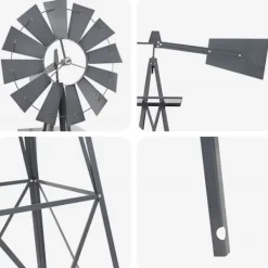 Jernvindmølle med industrielt design til haven | Farve: Grå | Størrelse: 84x68x245 cm Vinddekoration