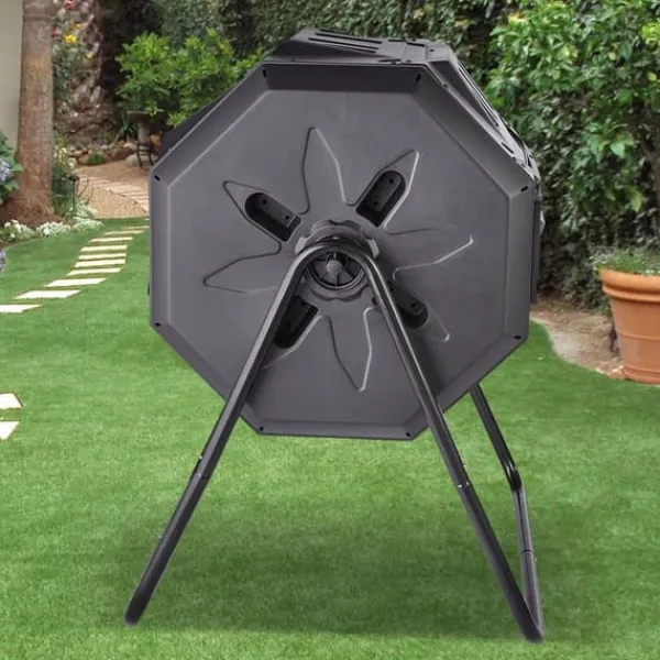 Kompostbeholder 43-Gal med dobbeltkammer, tumlende design, 2 skydedøre, stålramme - BPA-fri til have og køkken. Kompostering