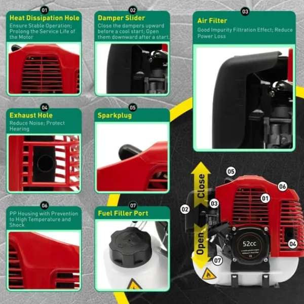 New Kraftig håndholdt børstemaskine, 52 cc 1,25 kW, benzindrevet, rød, til indkørsel, kunstgræs, sne og blade Havemaskiner