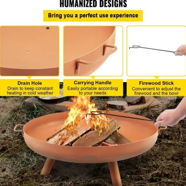 Clearance Kulsotåls bålskål, 30" dyb, til udendørs brug. Perfekt til terrasser, camping og haver. Inkluderer drænhul og bærbare håndtag. Tilbehør Til Brændeovne & Pejse