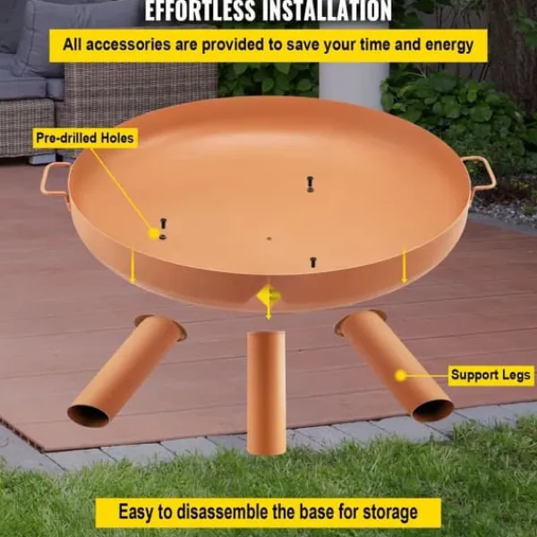 Clearance Kulsotåls bålskål, 30" dyb, til udendørs brug. Perfekt til terrasser, camping og haver. Inkluderer drænhul og bærbare håndtag. Tilbehør Til Brændeovne & Pejse