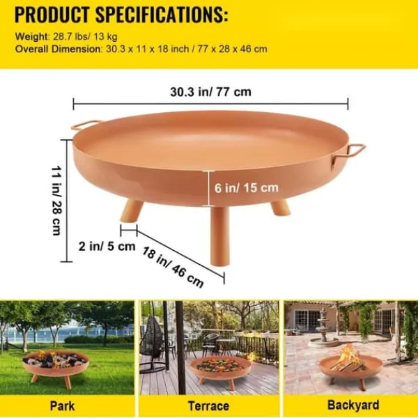 Clearance Kulsotåls bålskål, 30" dyb, til udendørs brug. Perfekt til terrasser, camping og haver. Inkluderer drænhul og bærbare håndtag. Tilbehør Til Brændeovne & Pejse