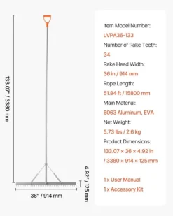 Landskabsrive - Planrive i aluminium - Hovedbredde 91,4 cm - Skaftlængde 3,38 m - Letvægt - Til Jord, Grus og Asfalt - Inkl. 15,8 m Reb Haveværktøj